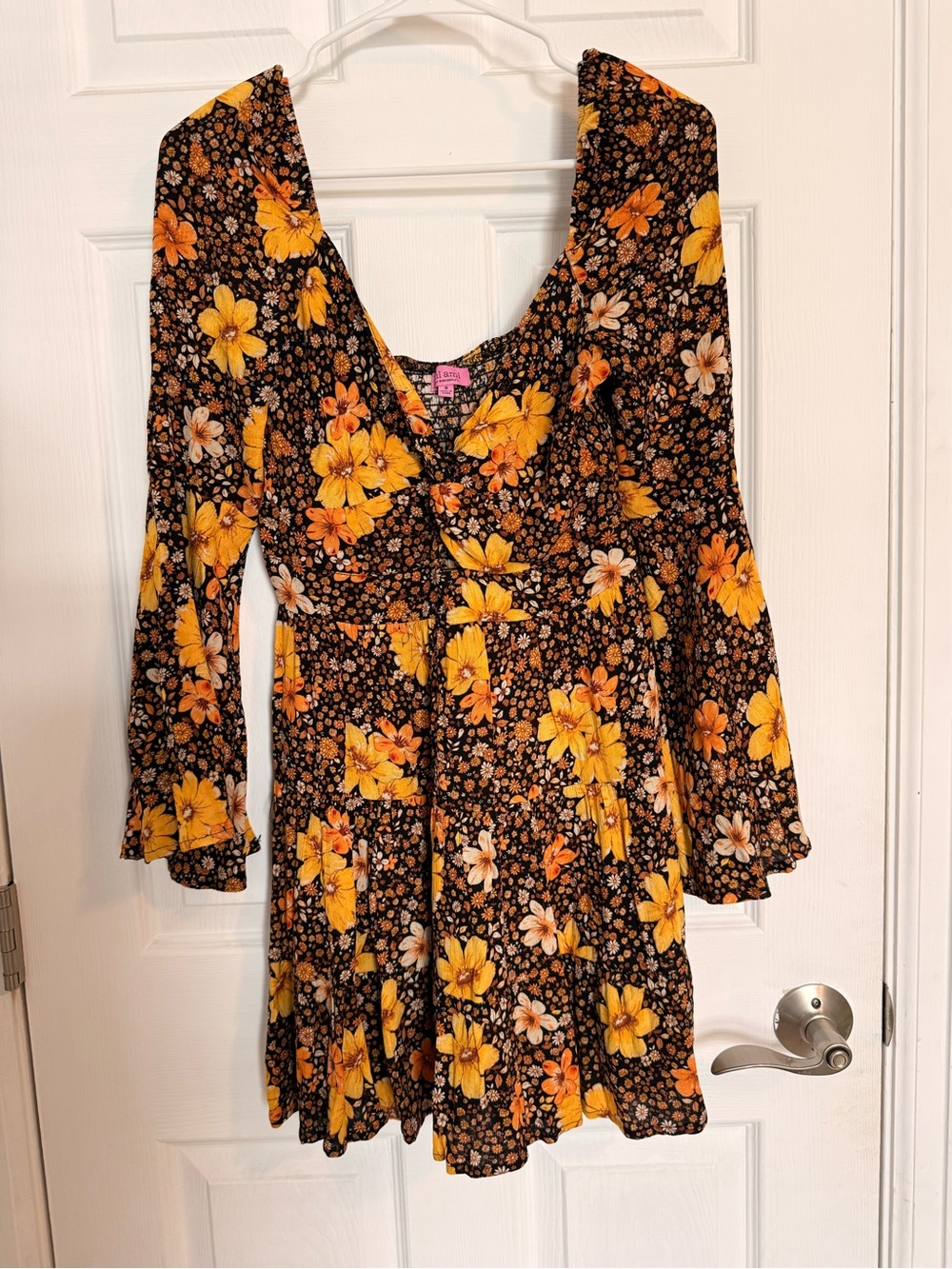 Francesca’s Collections Black Floral Cutout Mini Dress Bell Sleeves - Picture 7 of 9